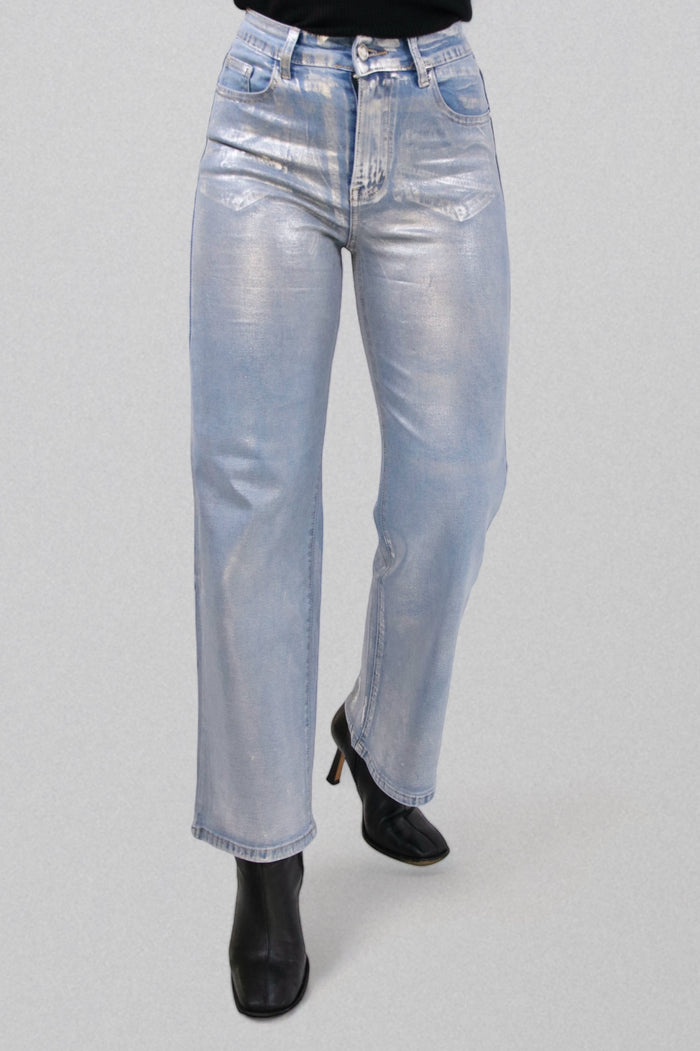 Jeans metallico argento